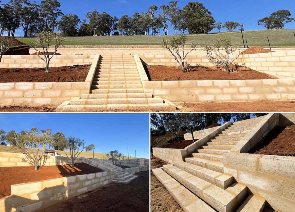Jaffa Limestone Resin8® block retaining walls and staircase at a residential estate