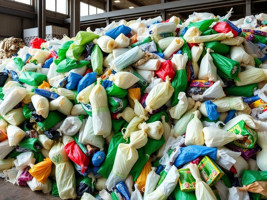 Baled soft plastic waste — bags, films and wrappers — at a recycling facility