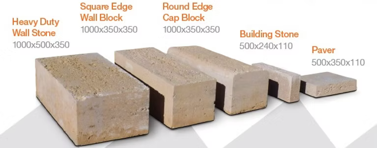 Range of Jaffa Limestone Resin8® blocks: Heavy Duty Wall Stone, Square Edge Wall Block, Round Edge Cap Block, Building Stone, and Paver with dimensions